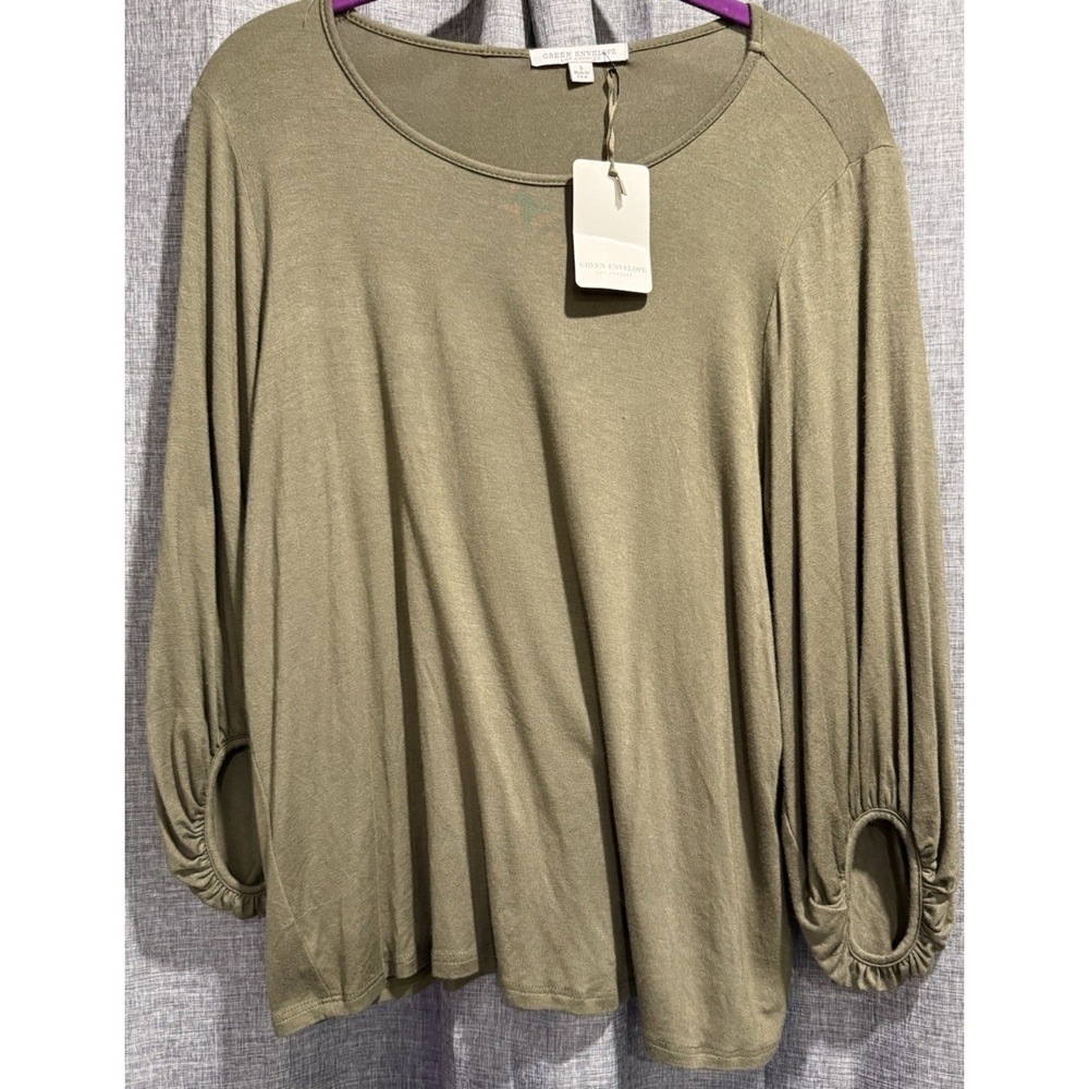 Green Envelope Top Women's Size L Green 3/4 Balloon Sleeve Scoop Neck Blouse NWT